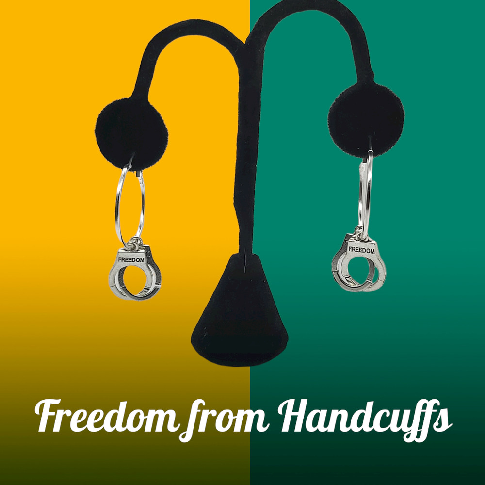 Freedom from handcuffs charmed hoop earrings. 1.12"  NA AA CA Recovery Jail